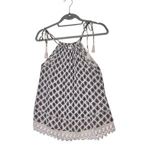 Old Navy XS‎ Tunic Tank Top White Black Leaf Lace Trim Sleeveless Flowy Light